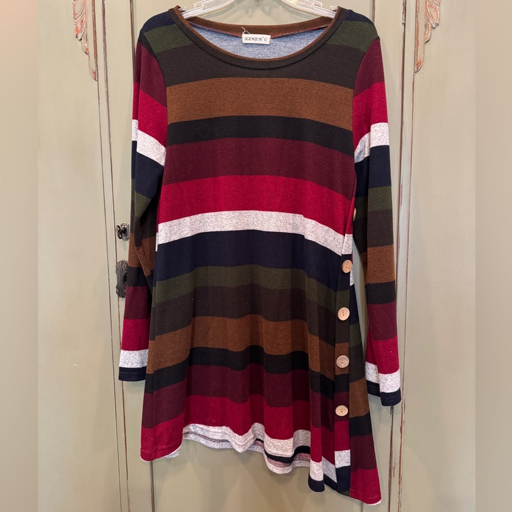 Striped Long Sleeve Top with Button Accents